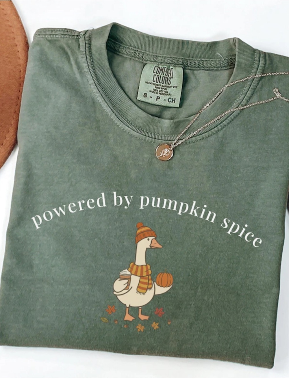 Comfort Colors Moss Green "Powered by Pumpkin Spice" Short Sleeve Tee
